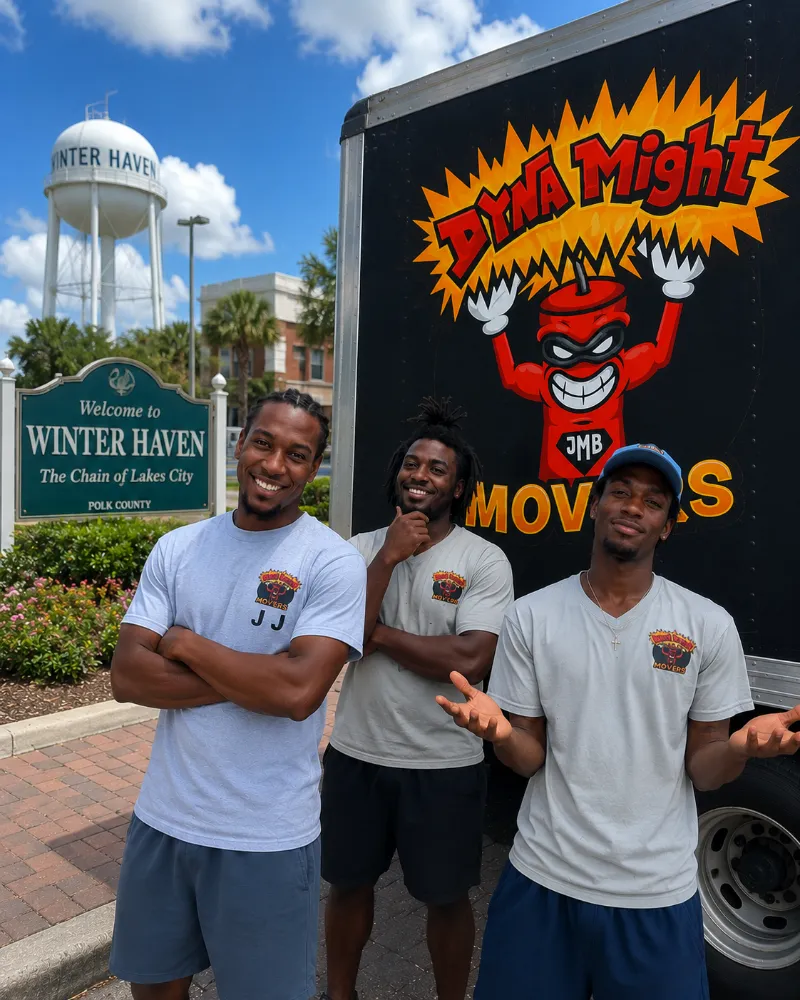 The DynaMight Movers crew in front of the Welcome to Winter Haven, The Chain of Lakes City sign.